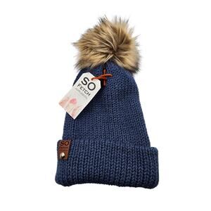So Fetch North Dakota Womens Pom Pom Beanie Winter Hat Blue NEW